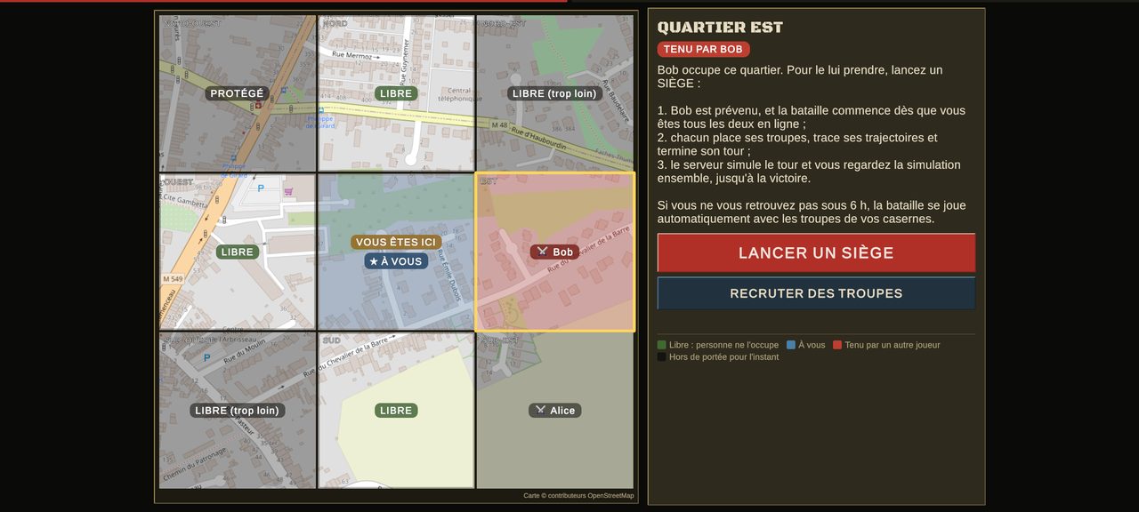La carte de conquête : vos quartiers, les quartiers libres et ceux des autres joueurs.